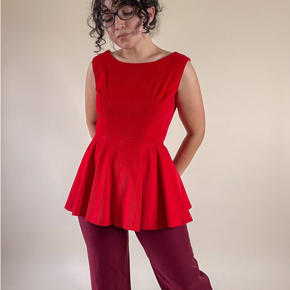 60s Vintage Red Corduroy Majorette Peplum Top Size S retro cheer twirling
